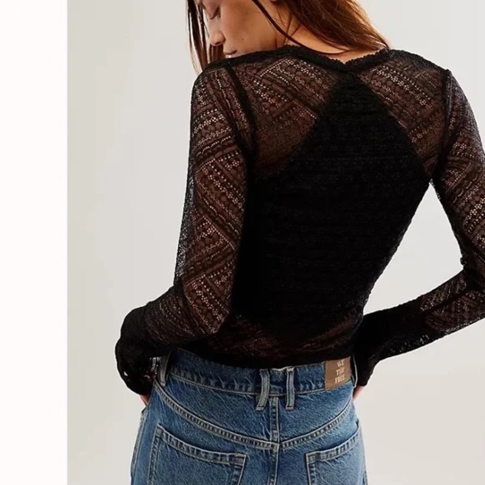 Free People No Limits High Sheer Lace Long sleeve Top Black Size Small - Picture 2 of 7
